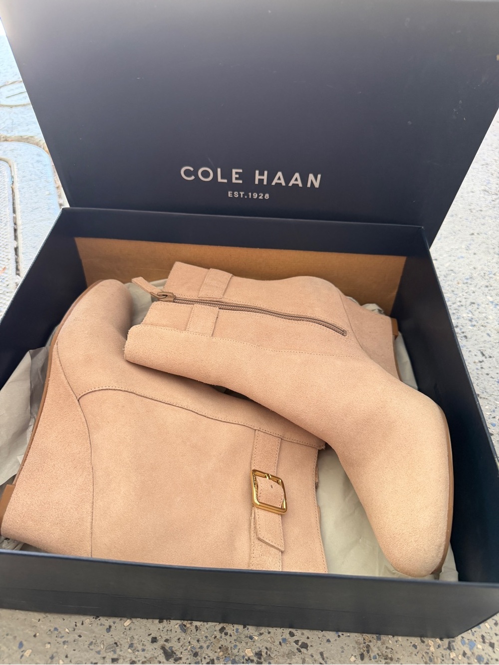 Cole Haan Abbee Waterproof Suede Wedge Booties Maple Sugar 7.5